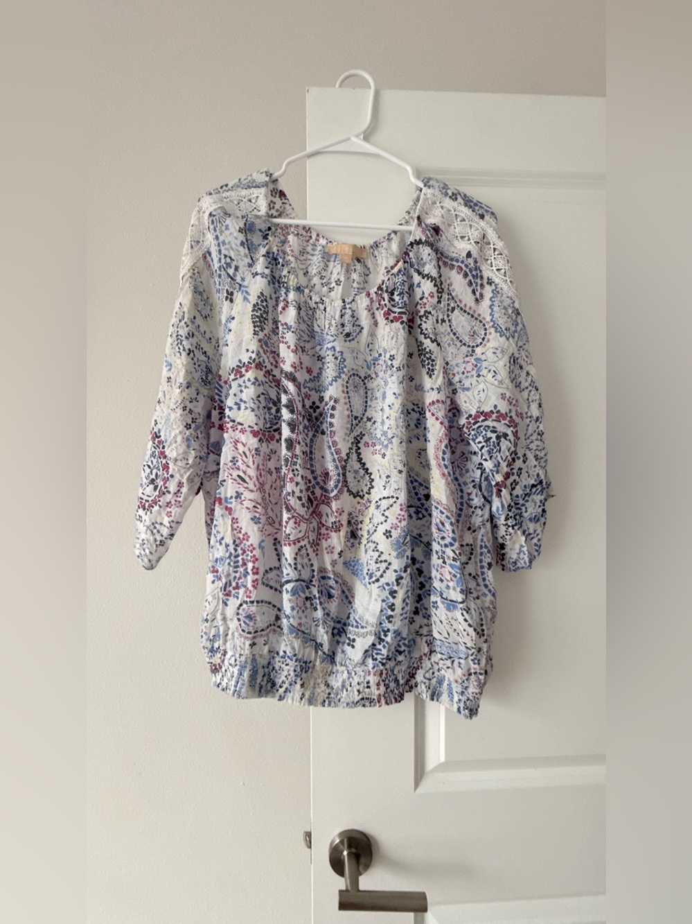 Boho Peasant Blouse - White with Blue & Pink Paisley